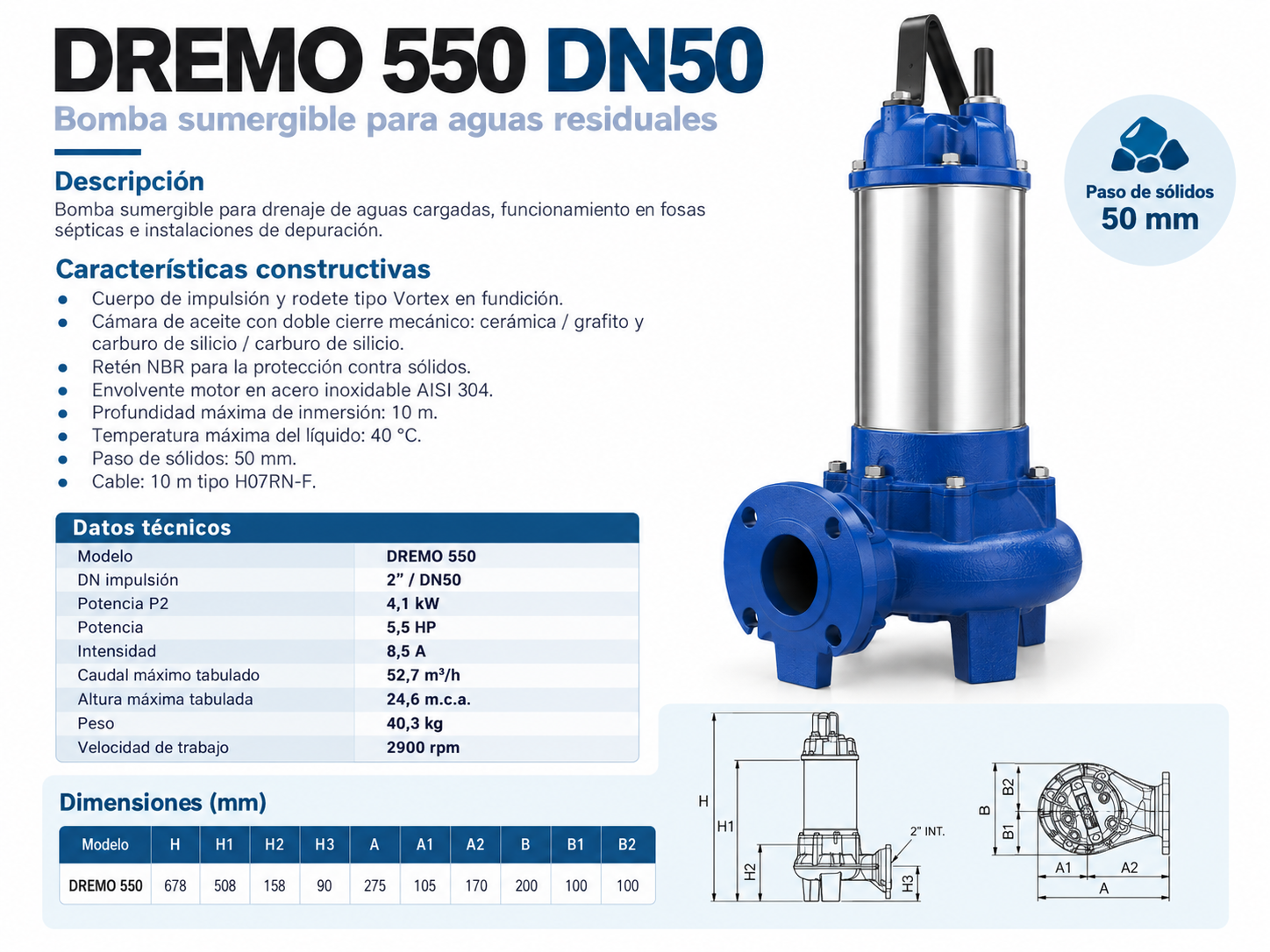 Bomba Sumergible DREMO 550 DN50 para Aguas Residuales - Imagen 2