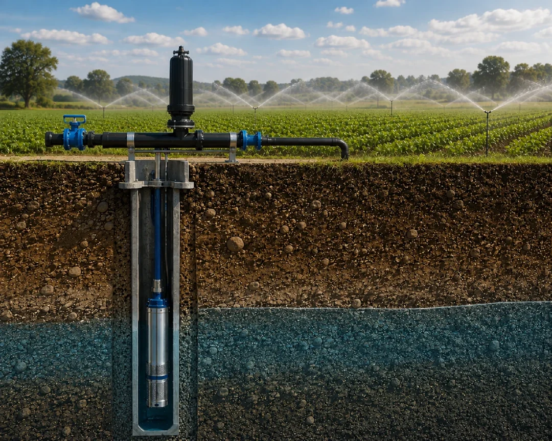 Esquema de bomba sumergible instalada en pozo con nivel de agua y riego por aspersores