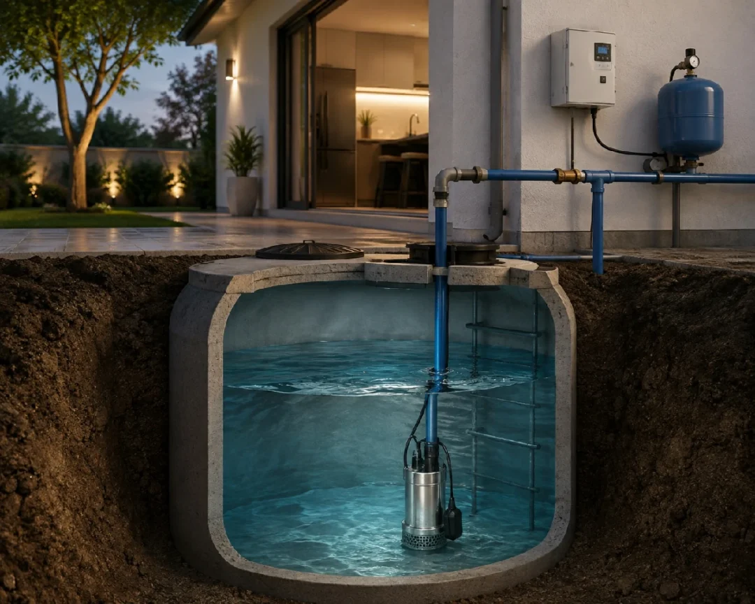 Instalación doméstica con depósito enterrado, bomba sumergible, control y calderín