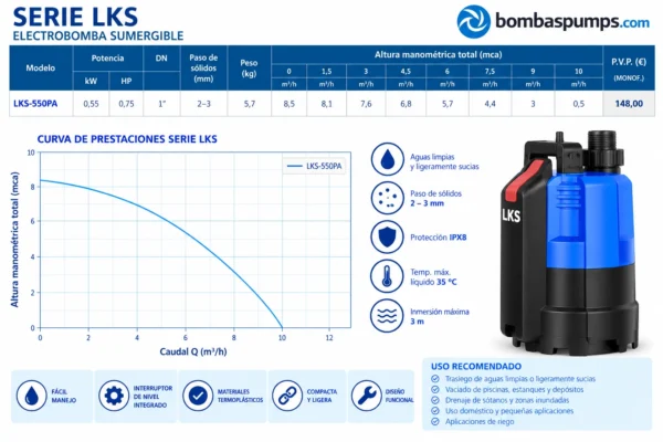 Bomba Sumergible de Achique LKS-550PA 0,55 kW
